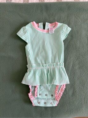RuffleButts Mint Green & Pink Striped Seersucker Onesie Swim Suit